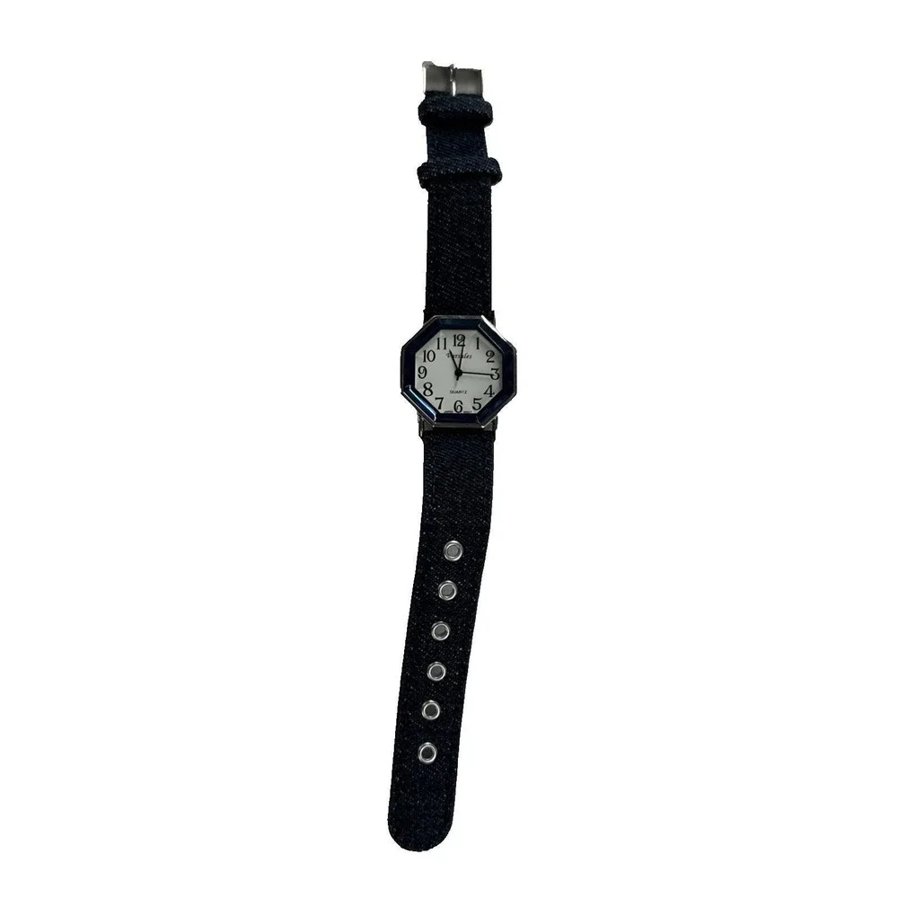 Varsales Octagon Quartz Watch Womens OS Blue Denim‎ Strap Silver D1480-5 Good